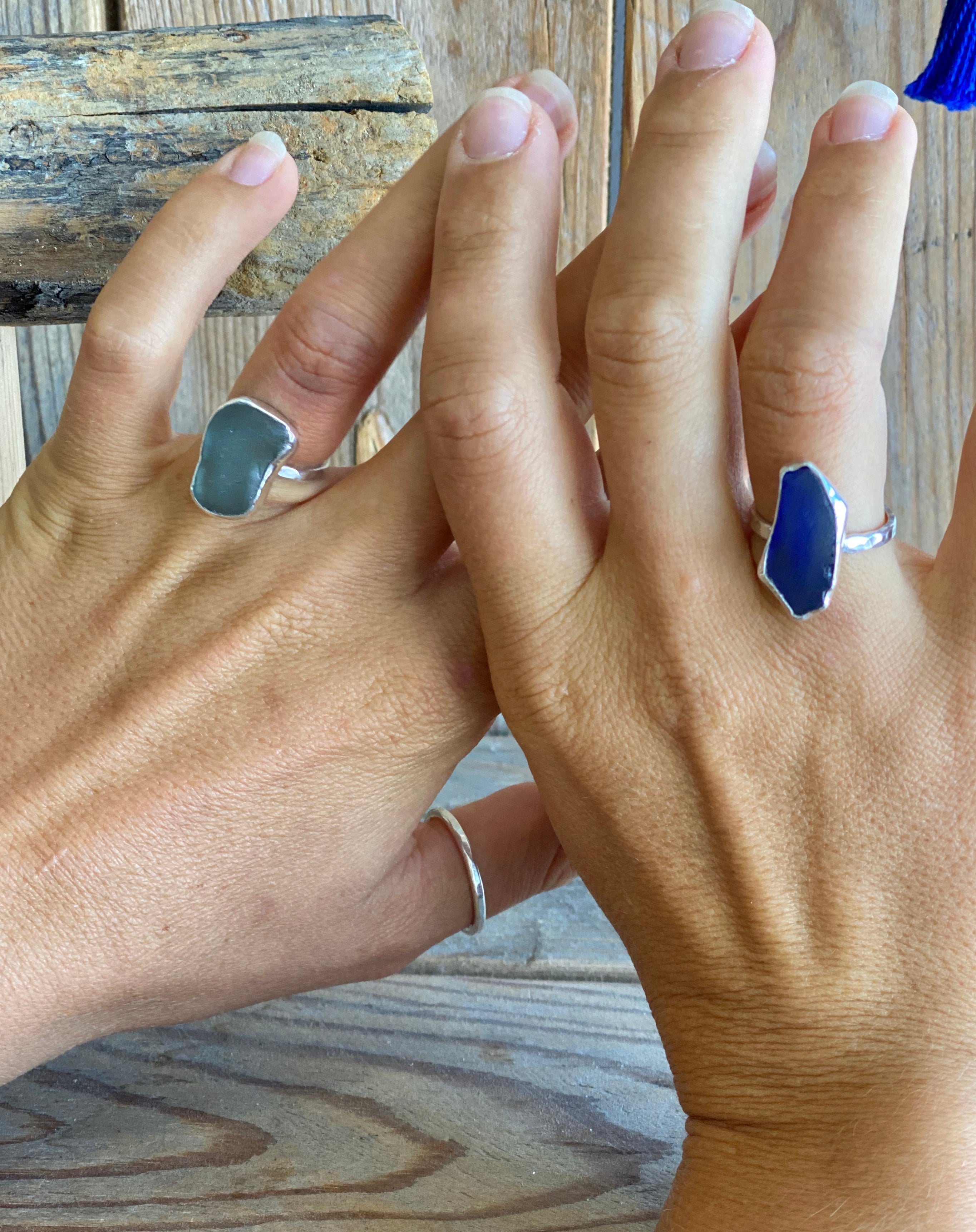 Double Sea Glass Mini Ring, Handmade Rings, Blue Glass, Beach Glass, Green,  Yellow, Quirky Engagement Ring, Statement Ring, Hammered Silver - Etsy